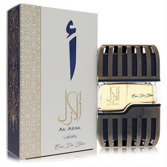 Lattafa Al Azal 3.4 oz unisex Eau De Parfum. Exquisite dark bronze caged bottle and elegant white, gold patterned box.