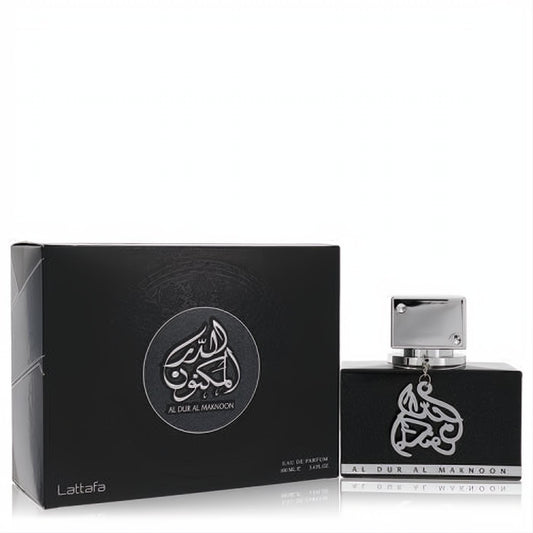 Lattafa Al Dur Al Maknoon Silver 3.4 oz unisex EDP. Sleek black bottle with silver cap, charm, and matching box with Arabic script.