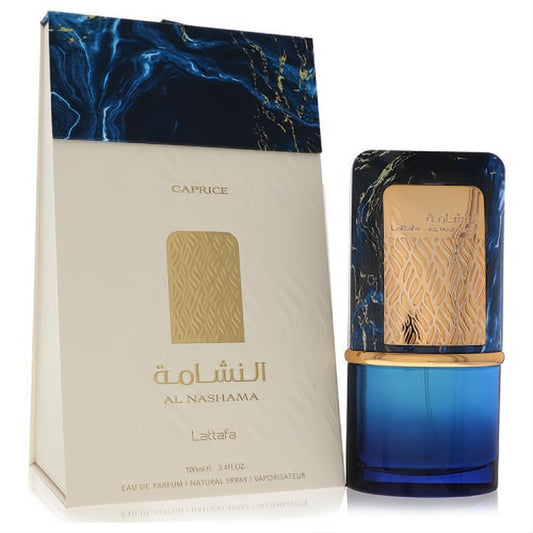 Lattafa Al Nashama Caprice 3.4 oz EDP spray in an elegant blue and gold bottle with a marbled cap and intricate gold leaf design.