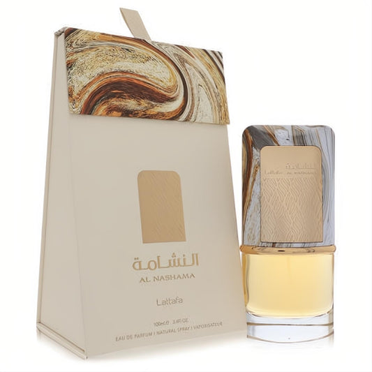 Lattafa Al Nashama unisex 3.4 oz EDP. Elegant bottle with warm amber liquid, a distinctive marbled gold cap, and matching cream box.