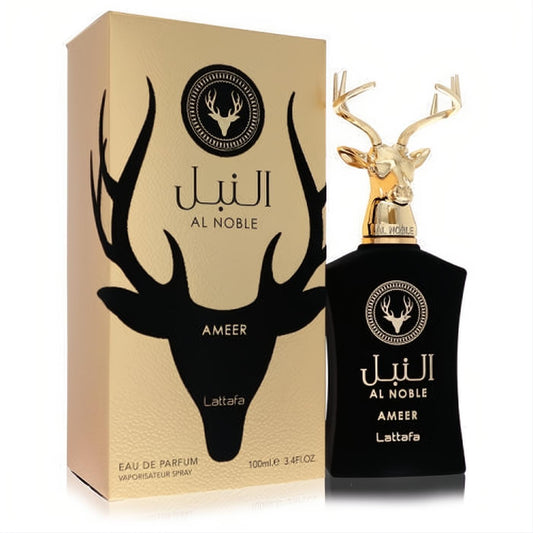 Luxurious Lattafa Al Noble Ameer 3.4 oz unisex EDP. Features a sleek black bottle with a unique gold stag head cap, displayed with its elegant gold box.