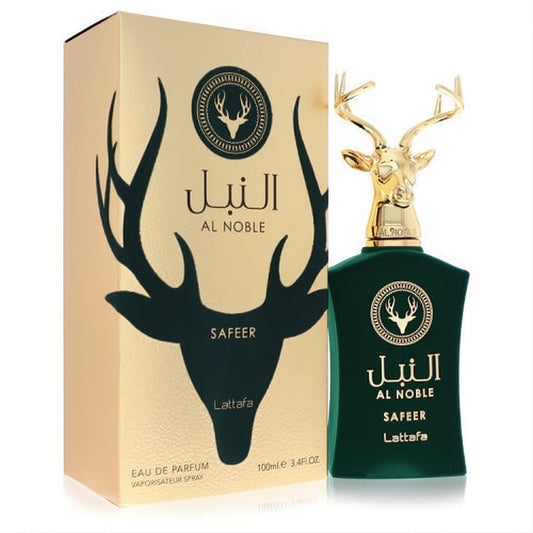 Exquisite Lattafa Al Noble Safeer 3.4oz unisex EDP. Dark green bottle with striking gold deer head cap and elegant gold box.
