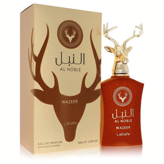 Lattafa Al Noble Wazeer 3.4 oz unisex EDP. Striking amber bottle, majestic gold deer head cap, and elegant gold box with deer silhouette.