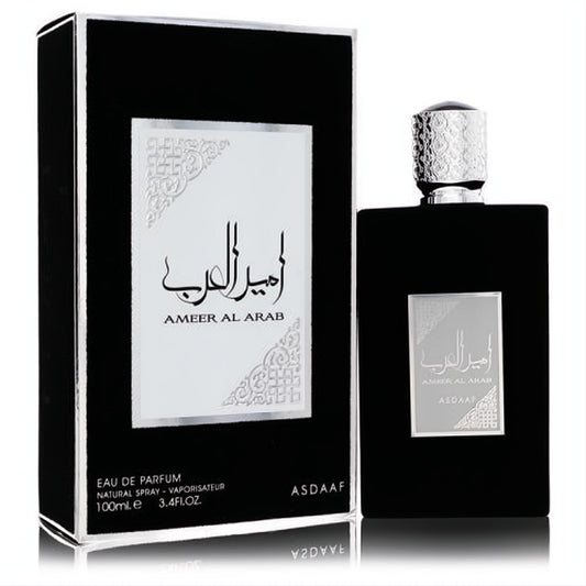 Elegant Lattafa Ameer Al Arab 3.4 oz unisex EDP spray in a sleek black bottle with a silver cap and matching box.