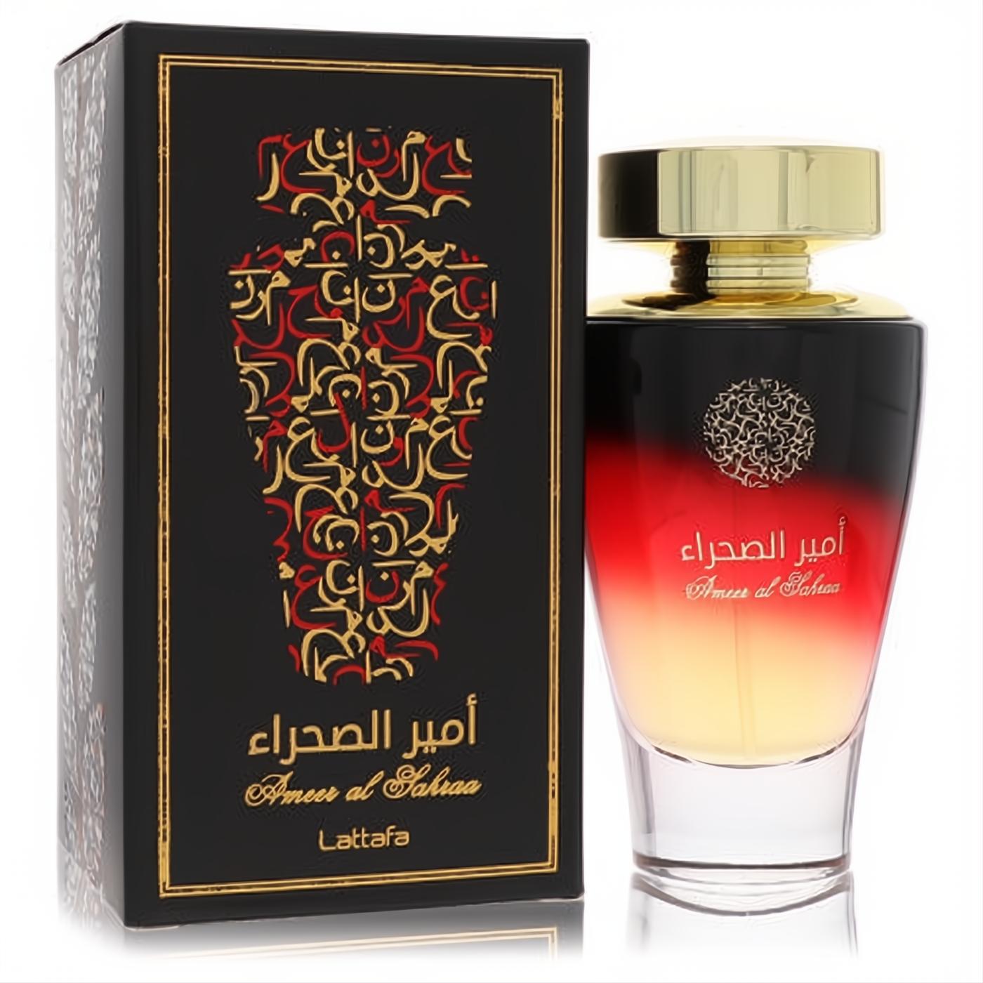 Lattafa Ameer Al Sahraa 3.4 oz unisex EDP. Features a captivating black-red ombre bottle with a gold cap and elegant black box.