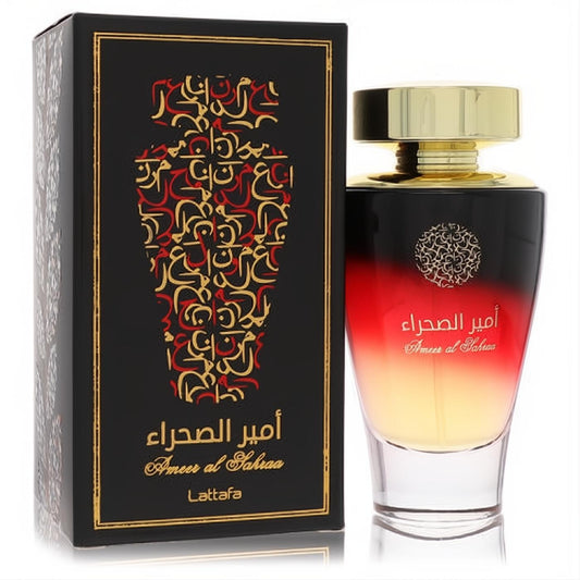 Lattafa Ameer Al Sahraa 3.4 oz unisex EDP. Features a captivating black-red ombre bottle with a gold cap and elegant black box.