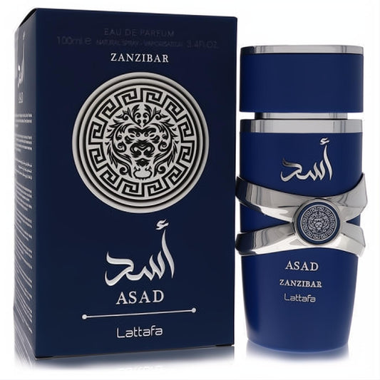Luxurious Lattafa Asad Zanzibar 3.4 oz EDP for men. Dark blue bottle & box with elegant silver lion emblem.