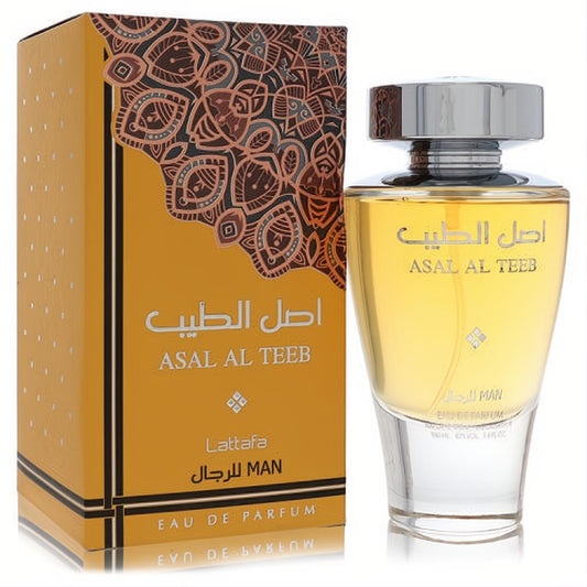 Lattafa Asal Al Teeb 3.4 oz men's EDP. Elegant clear glass bottle with golden fragrance and ornate gold box, perfect for him.