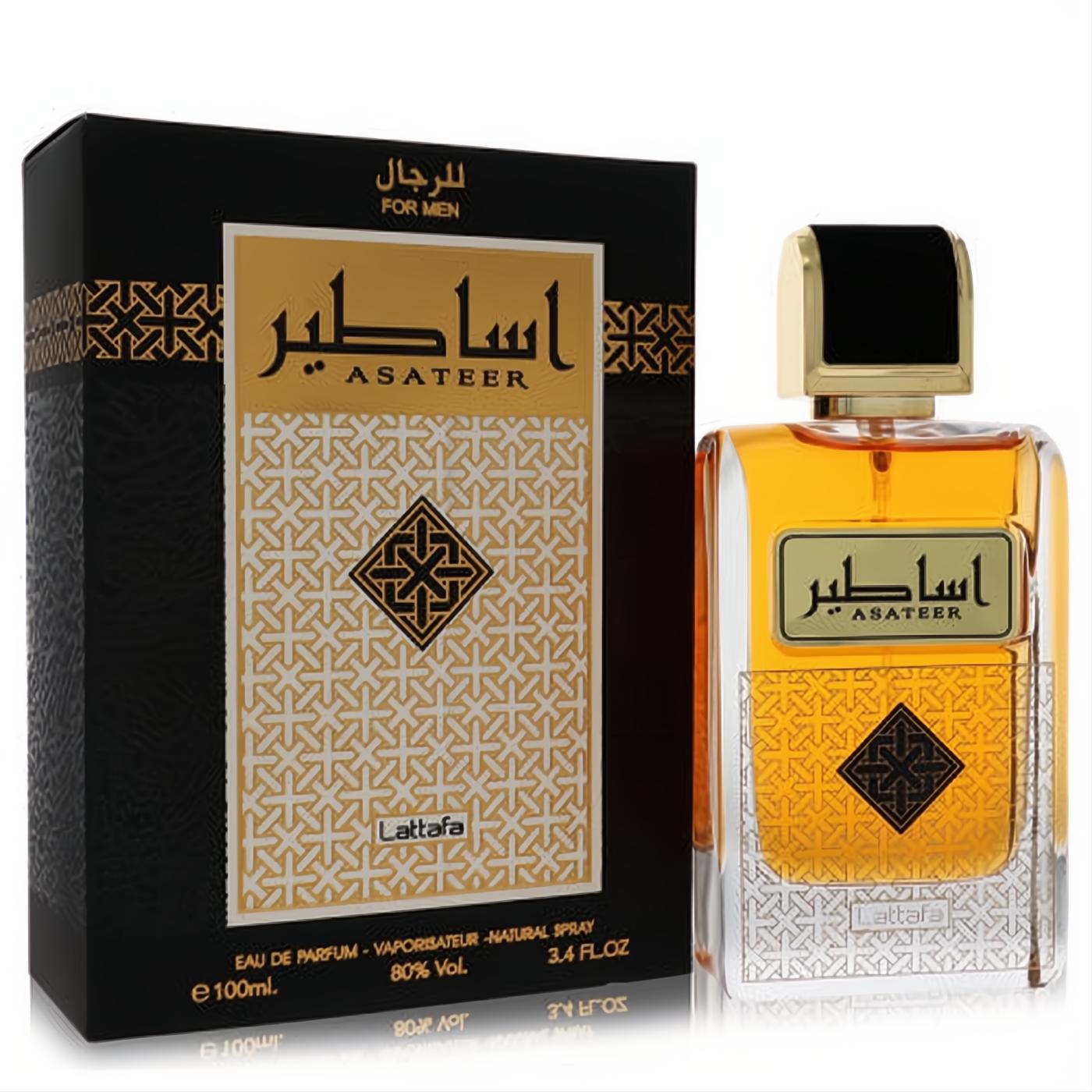 Lattafa Asateer men's 3.4 oz EDP. Luxurious amber fragrance in a clear bottle with gold cap, next to a striking black and gold patterned box.
