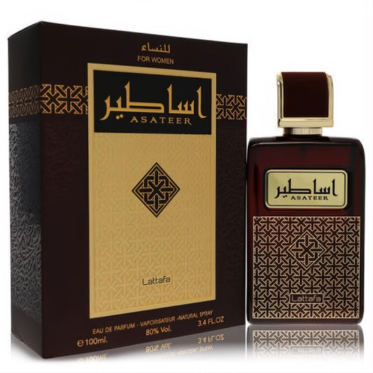 Luxurious Lattafa Asateer 3.4 oz women's perfume. Dark brown bottle with gold accents, intricate patterns, and matching ornate box.