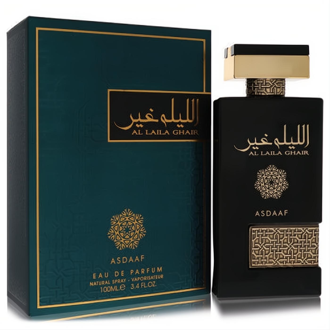 Luxurious Lattafa Asdaaf Al Laila Ghair 3.4 oz unisex EDP. Sleek black bottle with gold Arabic script, geometric pattern, and dark teal box.