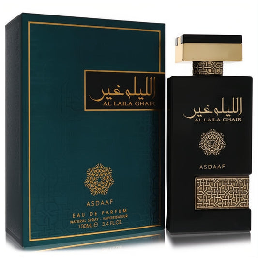 Luxurious Lattafa Asdaaf Al Laila Ghair 3.4 oz unisex EDP. Sleek black bottle with gold Arabic script, geometric pattern, and dark teal box.