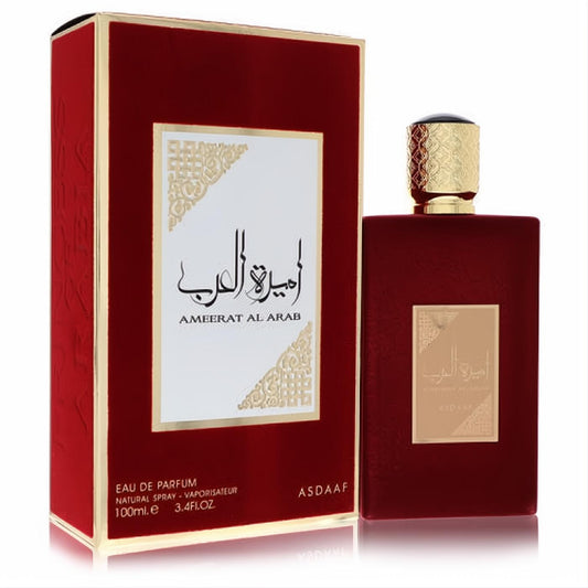 Elegant Lattafa Asdaaf Ameerat Al Arab 3.4 oz unisex EDP. Rich red bottle, ornate gold cap, and matching luxurious box.