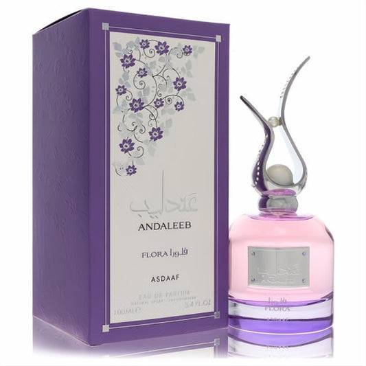 Lattafa Asdaaf Andaleeb Flora 3.4 oz EDP. Pink bottle, elegant silver cap with pearl, and purple floral box.