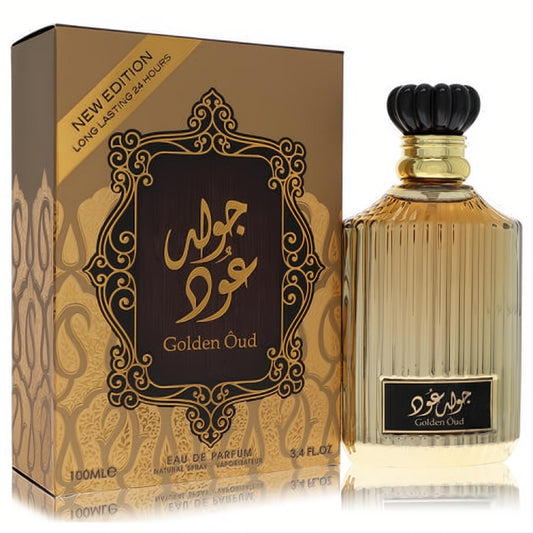 Lattafa Asdaaf Golden Oud unisex 3.4 oz EDP. Luxurious gold fluted bottle with ornate black cap and matching elegant gold box.