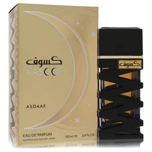 Lattafa Asdaaf Kasoof Black Extract 3.4 oz unisex EDP. Bold black zig-zag bottle with gold label, paired with an elegant gold crescent moon box.