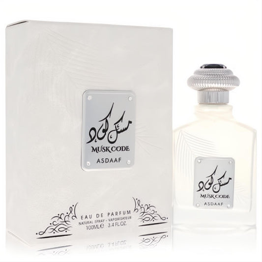 Elegant Lattafa Asdaaf Musk Code unisex EDP, 3.4 oz. Features a frosted white bottle with a sleek silver cap and matching textured white box.