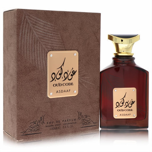 Lattafa Asdaaf Oud Code unisex EDP, 3.4 oz. Rich amber bottle with gold cap, metallic label, and textured brown box.