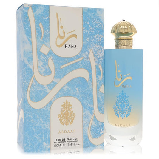 Lattafa Asdaaf Rana 3.4 oz unisex EDP. Captivating blue ombre bottle, ornate gold cap, and elegant gold script with matching box.