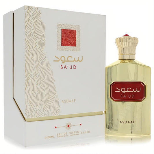 Experience Lattafa Asdaaf Sa'ud 3.4 oz unisex EDP. Gold bottle, red label, ornate cap, and elegant white box with gold details.