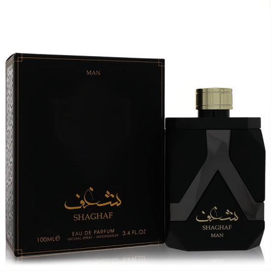 Lattafa Asdaaf Shaghaf 3.4 oz men's EDP. Bold black angular bottle, gold cap, and 'V' design, with its elegant black and gold box.