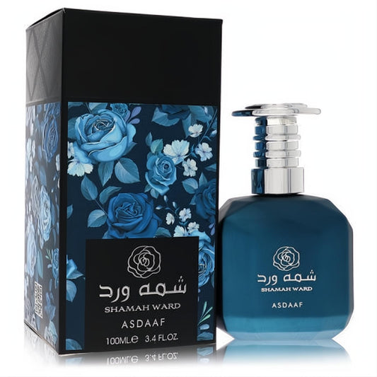Captivating Lattafa Asdaaf Shamah Ward 3.4 oz unisex EDP. Dark blue bottle, silver cap, and elegant box with blue rose floral design.