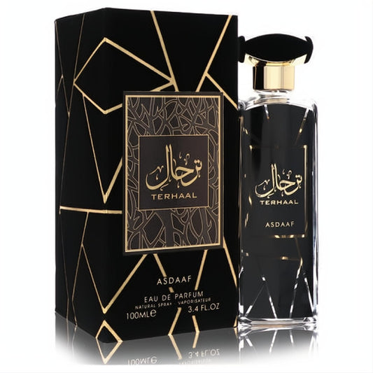 Luxurious Lattafa Asdaaf Terhaal unisex EDP, 3.4 oz. Sleek black bottle with gold details and a striking geometric box.