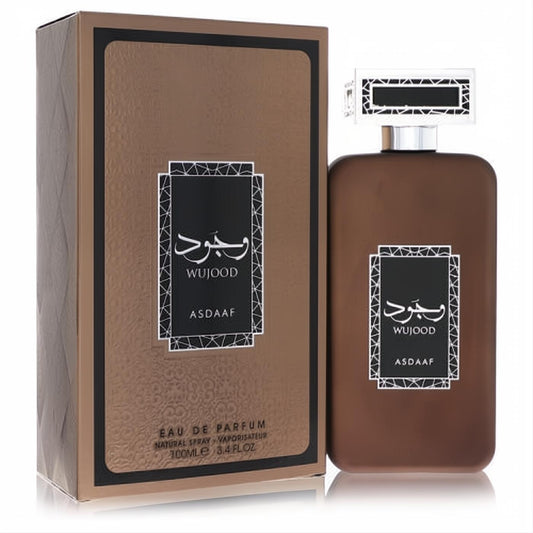 Lattafa Asdaaf Wujood unisex perfume, 3.4 oz, in a sleek dark brown bottle and elegant textured box.