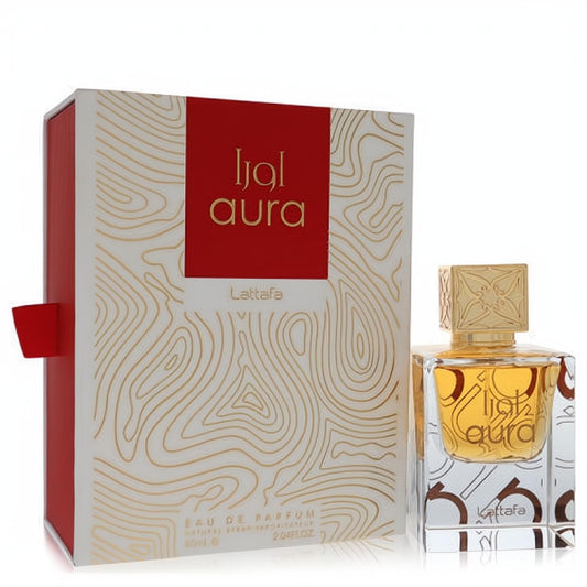 Lattafa Aura 2.04 oz unisex EDP spray. Elegant clear bottle, ornate gold cap, and luxurious white box with gold topographic design.