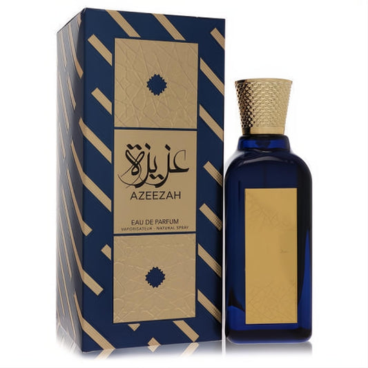 Lattafa Azeezah 3.4 oz unisex Eau de Parfum. Luxurious deep blue bottle with textured gold cap and elegant striped box.