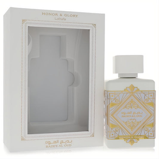 Discover Lattafa Badee Al Oud Honor & Glory 3.4 oz unisex EDP. Elegant white bottle with luxurious gold geometric design and matching box.