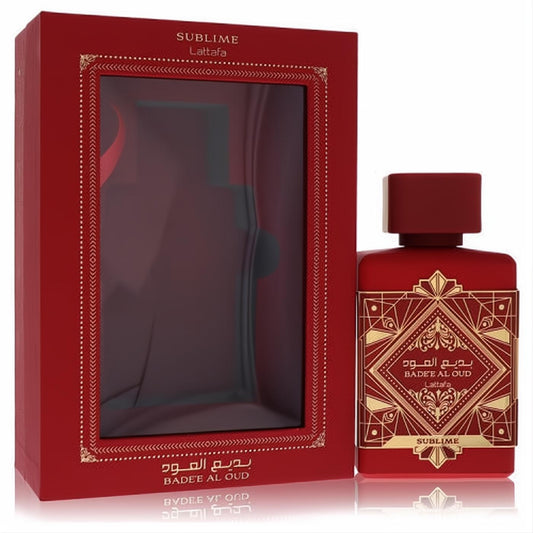 Lattafa Badee Al Oud Sublime 3.4 oz men's EDP. Bold red bottle, intricate gold design, matching presentation box.