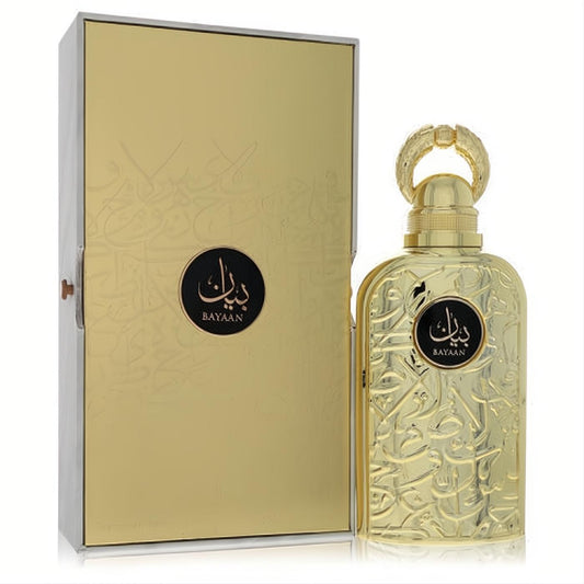 Luxurious Lattafa Bayaan 3.4 oz gold Eau de Parfum bottle with intricate embossed design and matching elegant gold box.