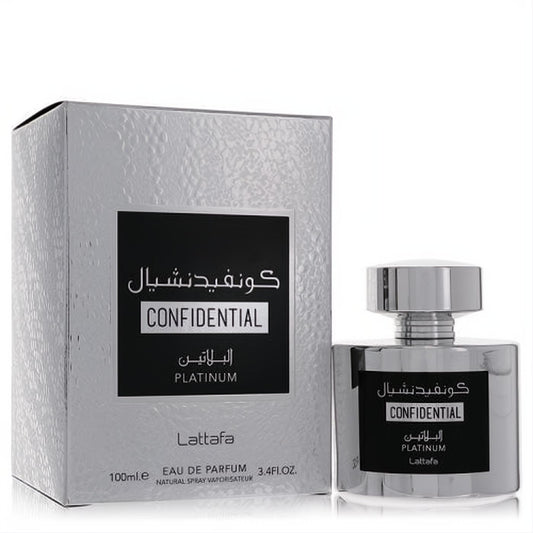 Sophisticated Lattafa Confidential Platinum 3.4 oz unisex fragrance in a sleek metallic silver bottle and textured box.