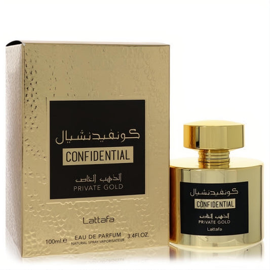 Lattafa Confidential Private Gold 3.4 oz EDP. Elegant gold bottle with black label, matching textured gold box.