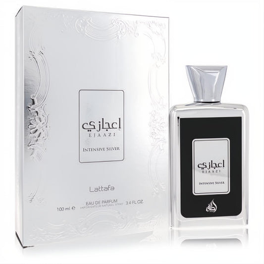 Lattafa Ejaazi Intensive Silver unisex EDP, 3.4 oz. Sleek clear glass bottle with black label, silver cap, and elegant embossed silver box.