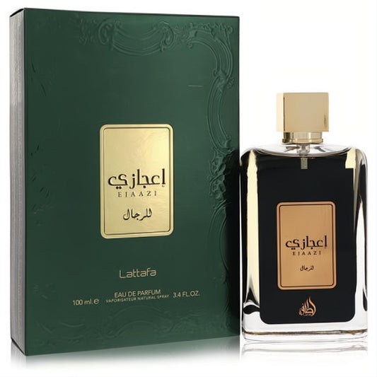 Bold Lattafa Ejaazi 3.4 oz Eau De Parfum spray. Features a dark green box and clear bottle with dark liquid and luxurious gold accents.