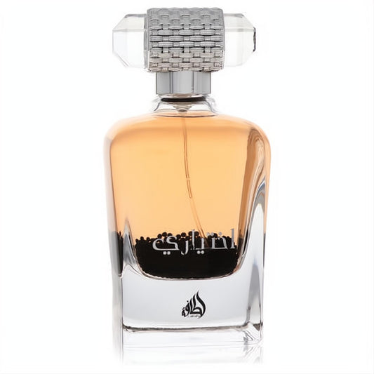 Lattafa Ekhtiari 3.4 oz EDP. Luxurious bottle with warm amber fragrance, striking black base, and ornate silver cap.