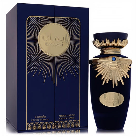 Luxurious Lattafa Emaan Eau De Parfum, 3.4 oz, in a stunning navy blue bottle with ornate gold sunburst design and matching box.