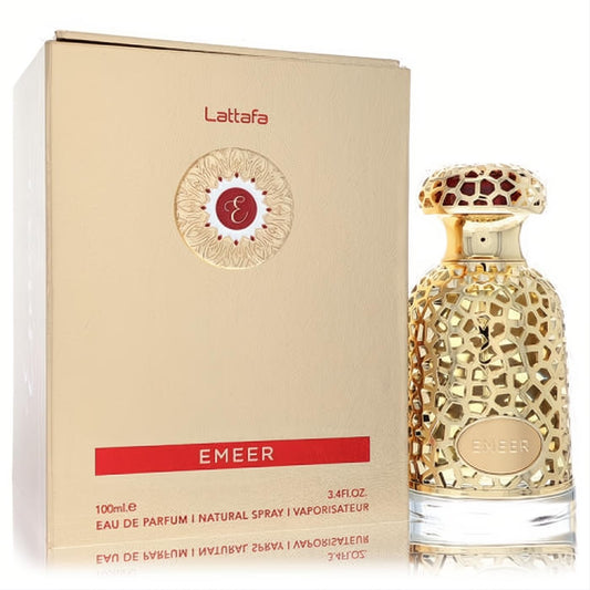 Lattafa Emeer 3.4 oz unisex EDP spray. Luxurious gold textured bottle and elegant matching box.