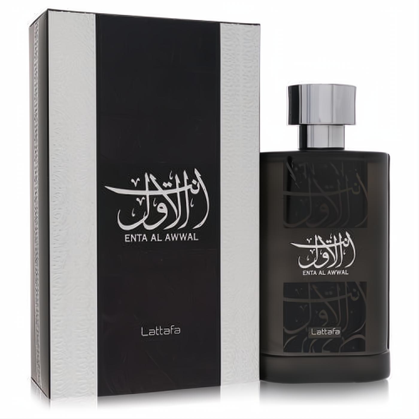 Lattafa Enta Al Awwal 3.4 oz unisex EDP. Elegant dark bottle with silver cap, intricate Arabic script, and matching black & silver box.