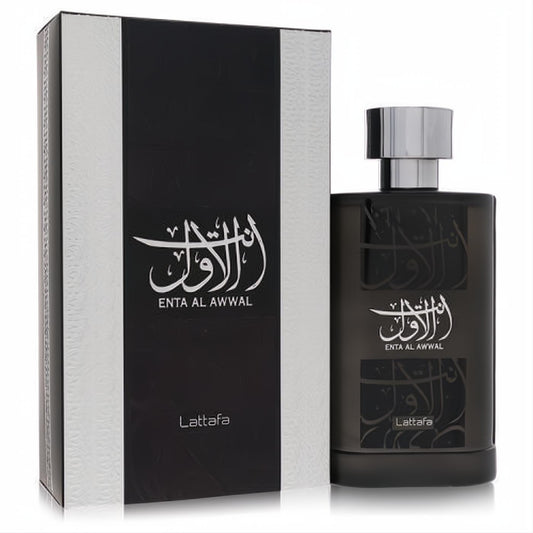 Lattafa Enta Al Awwal 3.4 oz unisex EDP. Elegant dark bottle with silver cap, intricate Arabic script, and matching black & silver box.