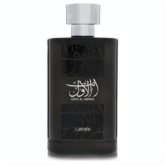 Sophisticated Lattafa Enta Al Awwal EDP. Dark rectangular bottle, shiny silver cap, and elegant white Arabic script design.