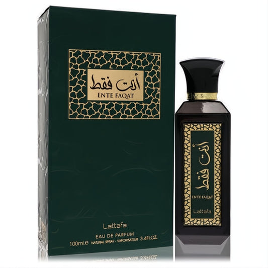 Luxurious Lattafa Ente Faqat 3.4 oz unisex EDP. Elegant black bottle with gold details and a rich dark green presentation box.