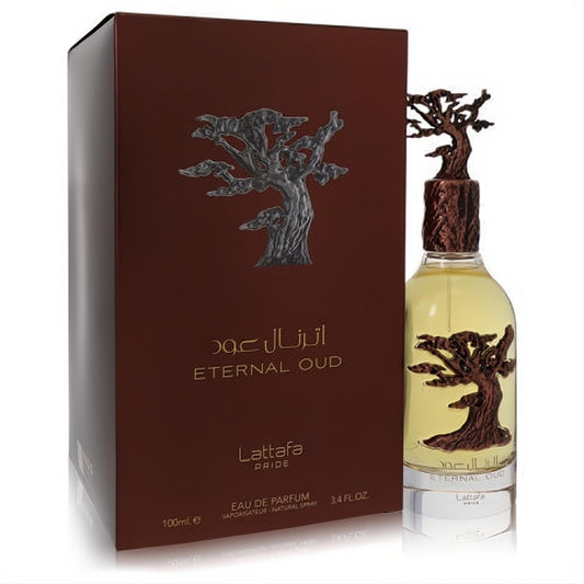 Luxurious Lattafa Eternal Oud Pride 3.4 oz unisex perfume. Features a clear bottle with an intricate bronze tree design and a rich maroon box.