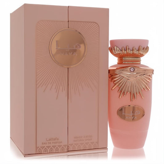 Elegant Lattafa Haya 3.4 oz women's EDP in a blush pink bottle with radiant gold sunburst accents and matching box.