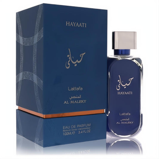 Discover Lattafa Hayaati Al Maleky 3.4 oz men's EDP. Bold navy blue bottle, sleek silver cap, and luxurious matching box.