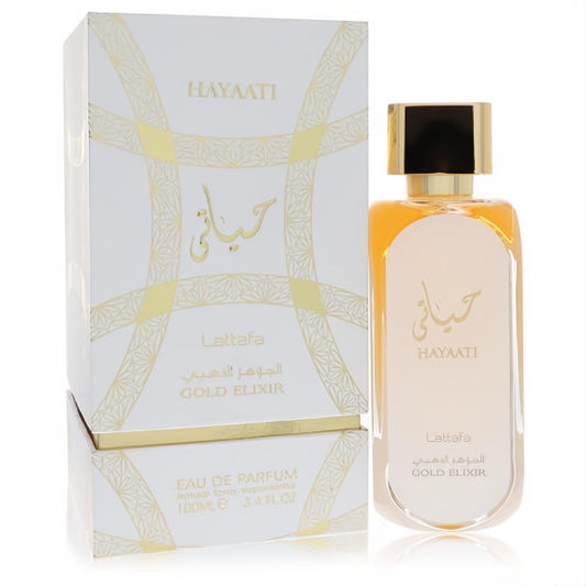 Luxurious Lattafa Hayaati Gold Elixir unisex EDP, 3.4 oz. Sleek glass bottle with gold cap and elegant white & gold packaging.