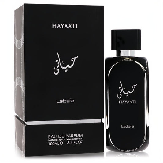 Lattafa Hayaati men's 3.4 oz Eau De Parfum. Bold black bottle and box with elegant silver Arabic script design.