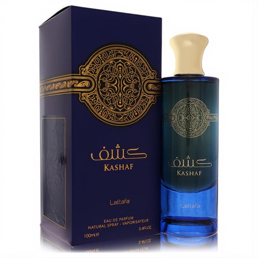 Experience Lattafa Kashaf unisex 3.4 oz EDP. Luxurious deep blue bottle with a golden cap and ornate matching box.